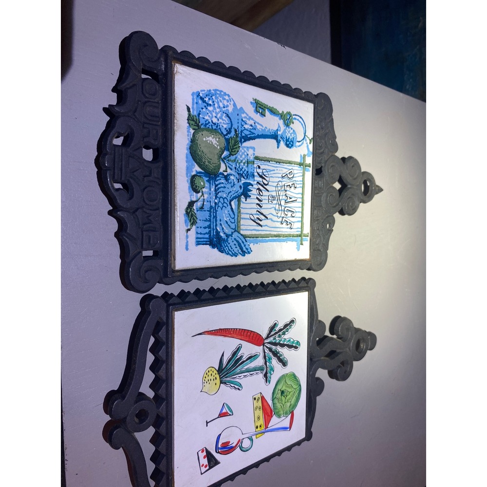 Vintage VEMI Japan CastIron Ceramic Trivet Set Peace & Plenty God Bless Our Home - Picture 2 of 3